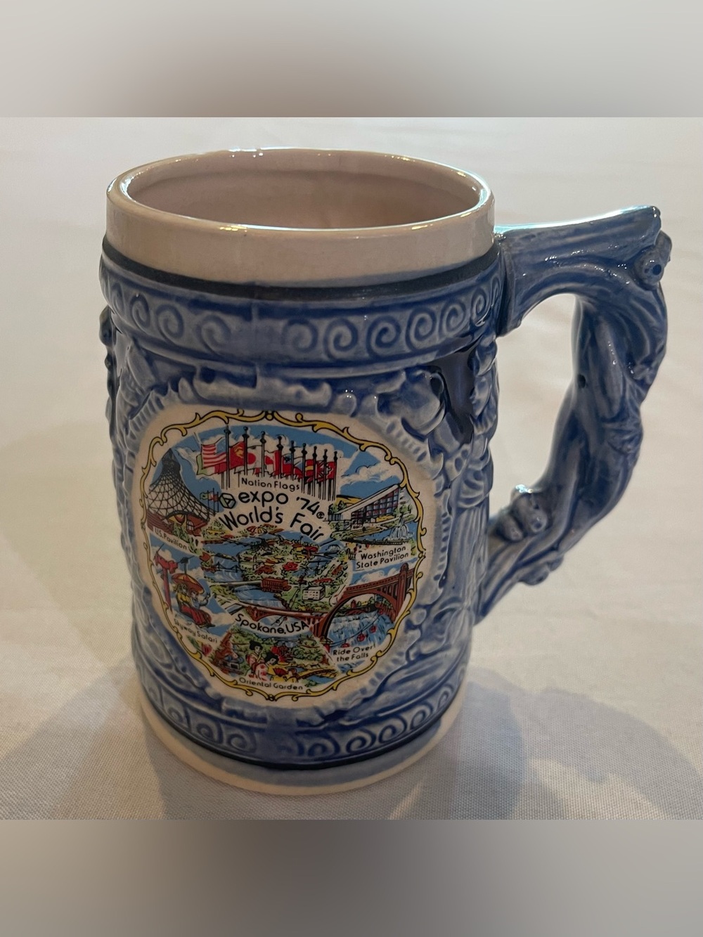 Vintage Expo 74 Worlds Fair Spokane WA Ceramic Beer Stein Mug Blue Souvenir